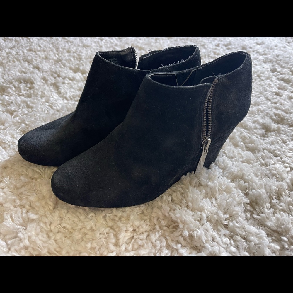 Black suede, heeled ankle bootie